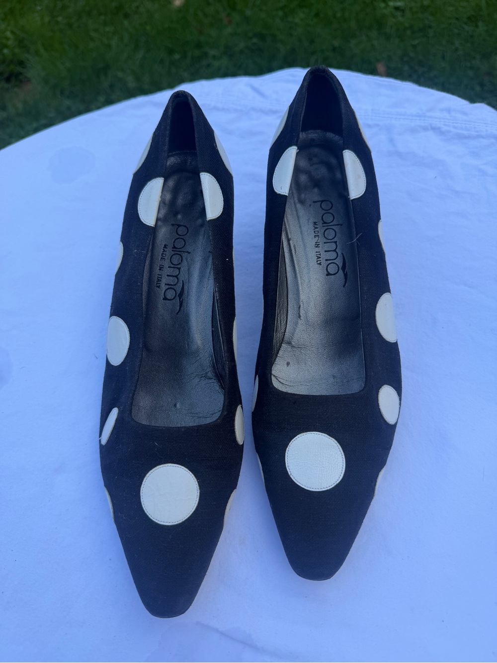 Vintage Paloma Black and White Polka Dot Pointed-Toe Kitten Heels Pumps 8.5